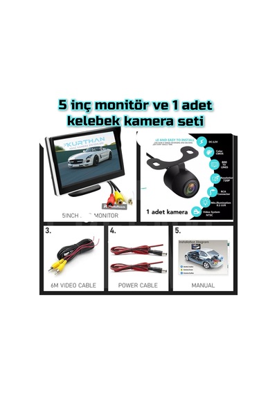 5 İnç Monitör Ve 1 Adet Kelebek Kamera Seti 12 Volt Kayıt Yapmaz