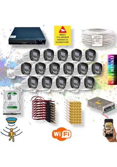 16 Kameralı Gece Renkli Hareket Algılayan Warm Ledli Set 2304w