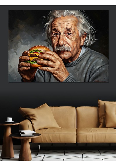 Hamburger Yiyen Bilim İnsanı Einstein Dekoratif Kanvas - Mdf Ahşap Tablo
