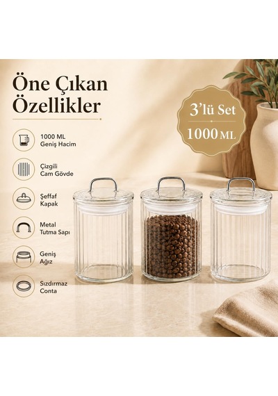 3'lü 1000 Ml Line Cam Kavanoz Seti Sızdırmaz Kapaklı Saklama Kabı Çok Renkli