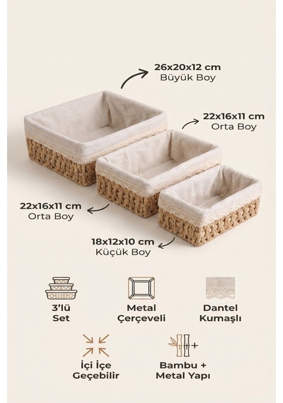 3 Lü Bambu Ekmek Sepeti Seti, 26x20x12 Cm, Metal Çerçeveli Dantelli Çiçek Desenli Kumaşlı Organizer Kahverengi