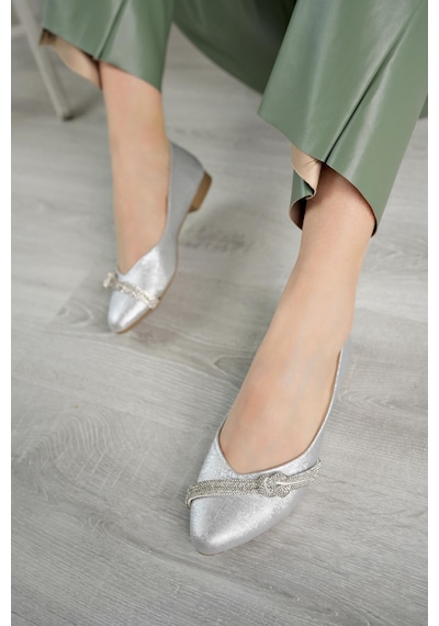 Nesil Shoes Ceylan 343 Gümüş Taşlı Kadın Babet-gümüş Sıvama Gümüş