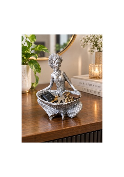 Kadın Figürlü Dekoratif Anahtar Takı Düzenleyici Biblo Gümüş Renk Sepetli Organizer Takı Tabağı 12x15 Cm Gümüş