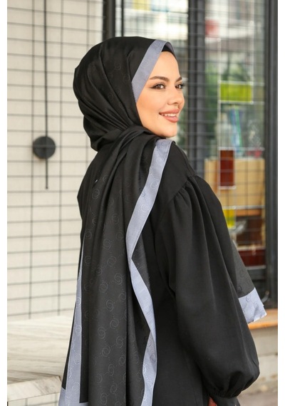 Premium Lux Original Monogram Şal İpek Vual, Yüksek Kalite, Hafif, Rahat, Şık, Tesettür, Shawl Siyah - Gri