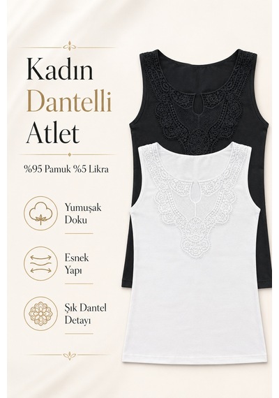 Nicoletta Kadın Atlet Dantelli Geniş Askılı 2'li Paket Siyah-beyaz Siyah - Beyaz