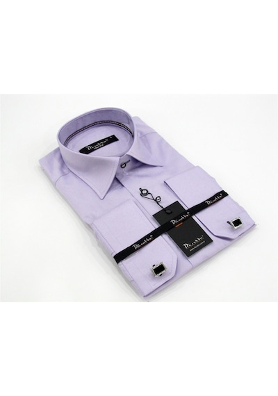 Lila Micro Kumaş Kol Düğmeli Slim Fit Düz Renk Gömlek // 201-3 Lila