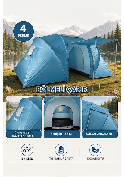 Walke 4 Kişilik Çift Bölmeli Aile Kamp Çadırı Su Geçirmez Polyester 460 X 230 X 185 Mavi