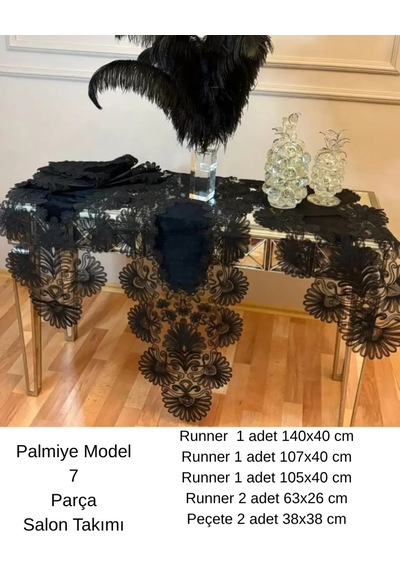 Palmiye Model Siyah 7 Parça Keten Masa Örtüsü Runner Seti Çeyizlik Salon Takımı Çok Renkli