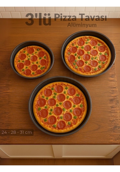 Jet's Home 3'lü Pizza Tavası Seti Alüminyum Pizza Tepsisi Yapışmaz Lahmacun Pide Tavası siyah