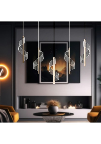 Jadon 5'li Sıralı 3 Renkli 40 Watt Gold Kristal Ledli Modern Oturma Odası Salon Sarkıt Avize Diğer
