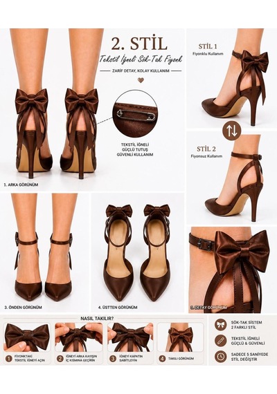 Craft Moda Kadın Arkası Açık Fiyonklu Stiletto Çıkarılabilir Fiyonk Detaylı İnce Topuklu Abiye Ayakkabı Kahverengi