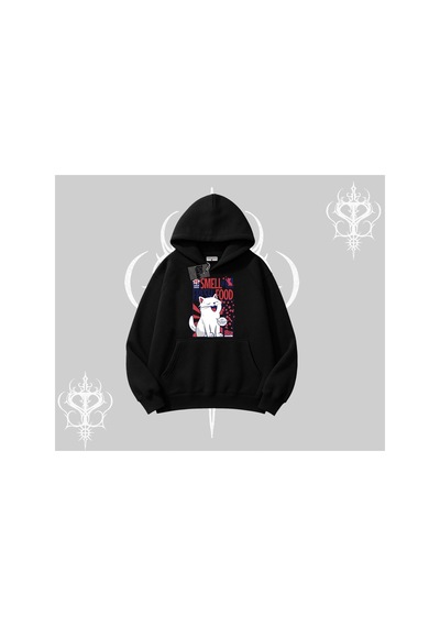 Tarzsokak Smell Of Fresh Food Kedi Baskılı Kapşonlu Sweatshirt Siyah