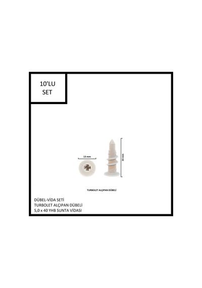 Dübel-vida Seti, Turbolet Alçıpan Dübeli, 5,0x40 Yhb Sunta Vidası, 10 Adet