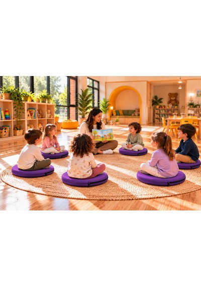 Kreş Anaokulu Yuvarlak Oyun Minderi Aktivite Minderi 40x40x5 Cm - Sandalye Minderi - Bahçe Dekor Minderi Yuvarlak Minder Mor