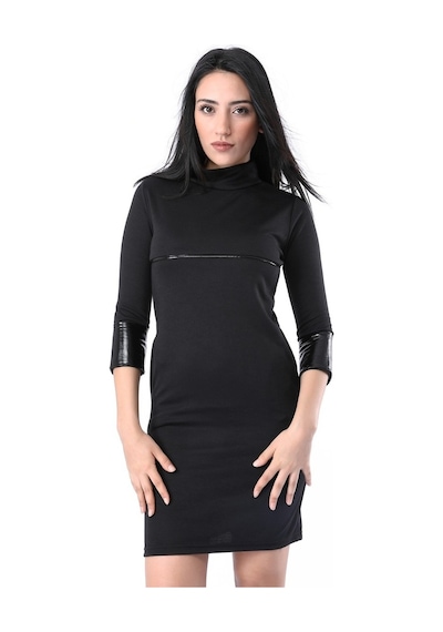 Barbora Sezonluk Deri Detaylı Dirsek Kol Kadın Elbise 841Siyah