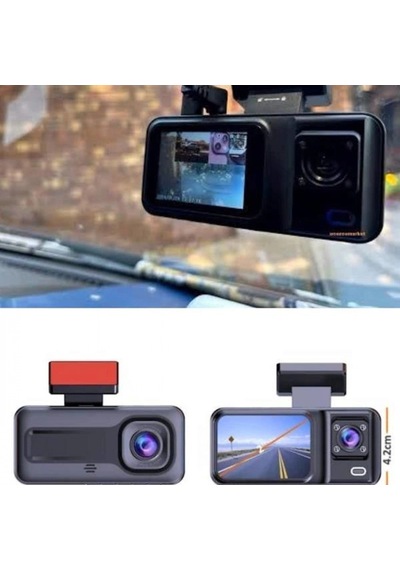 1080p 3 Lensli Wifi Araç İçi Kamera Sistemi Ekranlı Dvr Kaydedici Gece Görüşlü Ön İç Arka Kamera