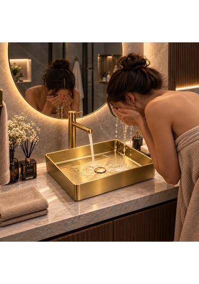 Alfas Aura 51x36cm Dikdörtgen Tezgah Üstü Tezgah Altı Çanak Lavabo Pvd Mat Gold 304 Paslanmaz Çelik