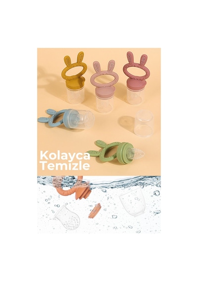 Kiwi Passy Püre Emzik ve Diş Kaşıyıcı Bebek Meyve Süzgeci+Buz Kalıbı - Bej