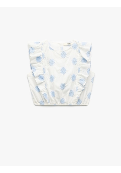 Koton Pamuklu Bisiklet Yaka Kolsuz Çiçek Nakışlı Kolsuz Crop Bluz Mavi Desenli 5skg60067aw Mavi Desenli