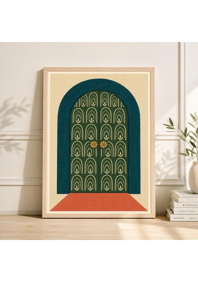 Yeşil Kemerli Kapı Posteri Geometrik Desen İllüstrasyonu Modern Mimari Duvar Sanatı