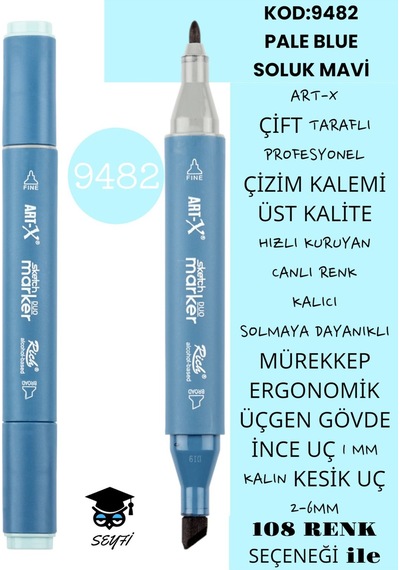 Çift Taraflı Profesyonel Çizim Kalemi Kalıcı Mürekkep Üçgen Gövde İnce Uç 1 Mm Kesik Uç 2-6mm Sketch 9482-soluk Mavi