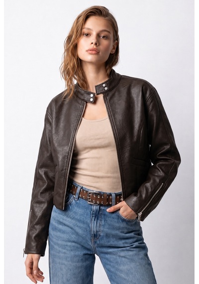 Mixray 2217 Kadın Dik Yaka Fermuarlı Deri Biker Ceket Kahve