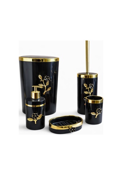 Arvale Çiçek Desenli Pleksi Gold Detaylı Siyah 5 Li Banyo Seti