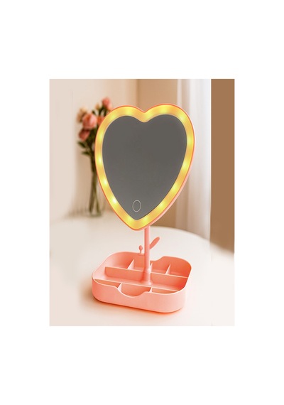 Led Işıklı Pembe Kalpli Organizer Makyaj Aynası Pembe Pembe