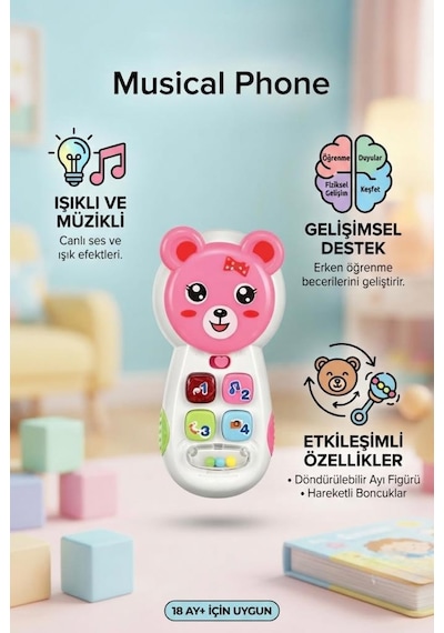Tıfıl Toys Eğitici Aynalı Müzikli Telefon - Işıklı Sevimli Ayıcık Figürlü Bebek Gelişim Oyuncağı