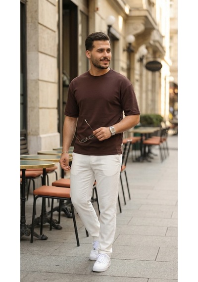 Veraura Lifestyle Erkek Duble Kol Basic Tişört kahverengi