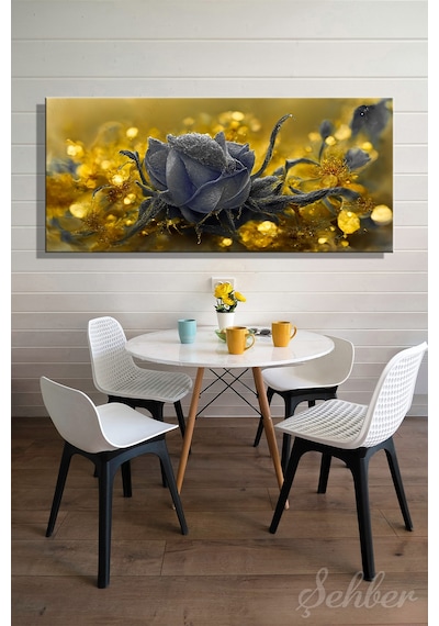 Panoramik Yatay Kanvas Tablo Tekli Salon Mutfak Yatak Odası Ofis 3d Gold Efekt Siyah Çiçek 1336