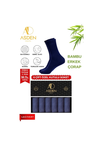 Asden Bambu Erkek Soket Çorap 3 Siyah 3 Lacivert Premium Kutu, Burun Dikişsiz, Yıkamalı 6 Lacivert