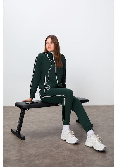 Tommy Life Çam Yeşili Kompakt Pamuklu Kalın Pürüzsüz Dokulu Dik Yaka Oversize Fit Kadın Eşofman Takım - 95340 Yeşil