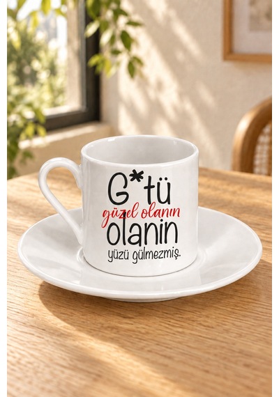G Tü Güzel Olanın Yüzü Gülmezmiş Baskılı Tabaklı Türk Kahvesi Fincanı Beyaz