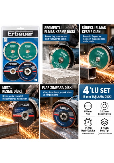 115 Mm Taşlama Diski Seti 4 Parça Elmas Kesme, Metal Kesme Ve Flap Zımpara Diskleri 22,2 Mm
