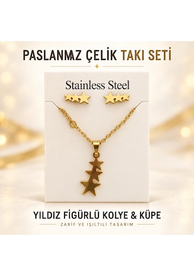 Paslanmaz Çelik Yıldız Figürlü Kolye Ve Küpe Takı Seti Gold Renk Altın