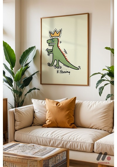 Taçlı Dinozor Yeşil Pop Art, Ahşap Çerçeveli Duvar Tablosu - Renkli Ev Dekorasyonu