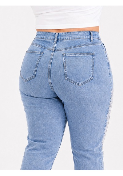 Trieste Büyük Beden Yıkamalı Denim Dantel Aplikeli İnci Taş Detaylı Kadın Pantolon Mavi
