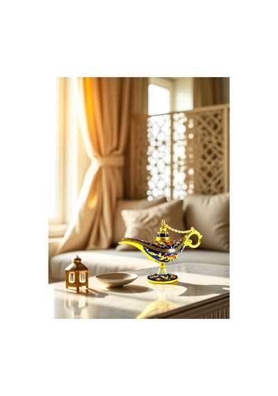Aladdin Sihirli Lambası Renkli İşlemeli Dekoratif Biblo Alaattin Metal Çelik No:1 - 11x7 CM