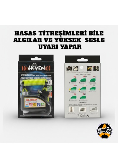 Akgüneş Motogaraj Yüksek Hassasiyetli Yüksek Desibelli Motosiklet Disk Kilidi + Hatırlatma Kablosu Siyah