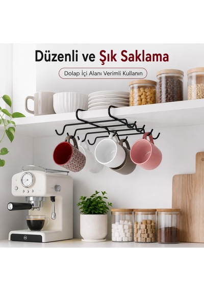 10 Kancalı Siyah Fincanlık, Rafa Geçmeli Kupa Askısı, Dolap Altı Fincan Düzenleyici, Montajsız Metal Mutfak Organizer Beyaz - Çok Renkli