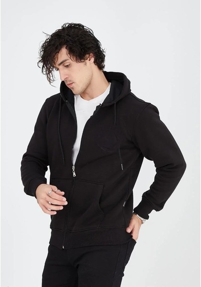 Luz&pos Erkek Tam Fermuarlı Kapşonlu Sweatshirt - Siyah Siyah