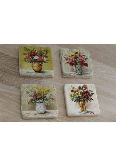 Vazoda Çiçekler Doğal Taş Bardak Altlığı 4'lü Set - Natural Stone Coasters - Taş Çok Renkli