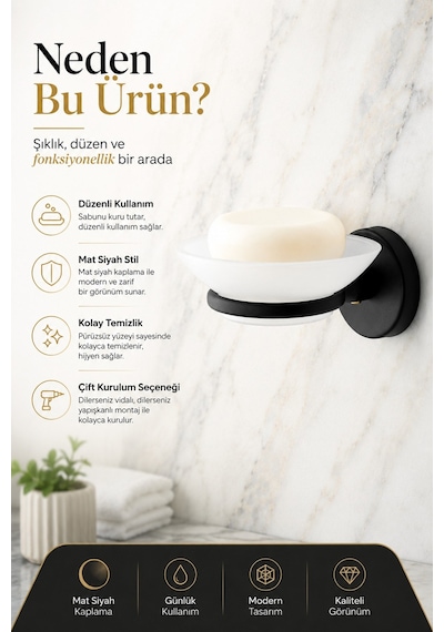 Alper Banyo Lotus Yapışkanlı Mat Siyah Sabunluk, Plastik Tabaklı