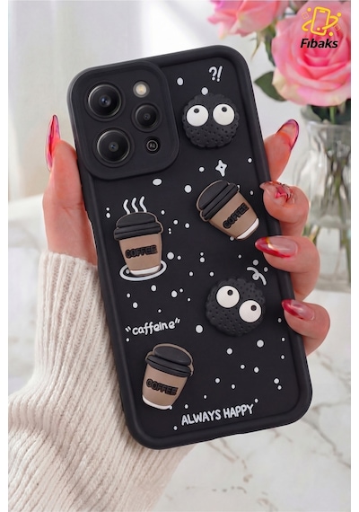 Fibaks Redmi 12 Uyumlu Kılıf Tasarımlı Desenli Kamera Korumalı Coffee Kurabiye Siyah Yumuşak Silikon Kapak