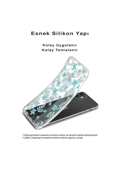 Samsung Galaxy A36 İle Uyumlu Kamera Korumalı Floral Su Yeşili Tasarımlı Şeffaf Kılıf