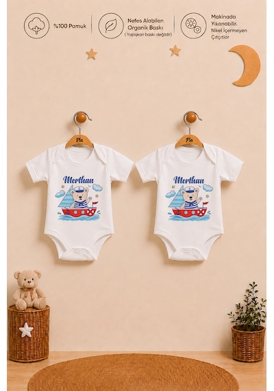 Pia Baby Erkek Bebek İsme Özel Hediye Seti 2'li %100 Pamuk Organik Baskılı Body Zıbın Ve Ham Bez Kıyafet Kesesi 1087b2k9x Krem