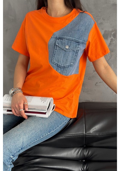 Femelle Kadın Turuncu Denim Kot Detaylı Cepli Tasarım Pamuklu Tişört