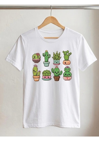 Kadın Oversize Sevimli Kaktüs Baskılı Kompak T-shirt Beyaz