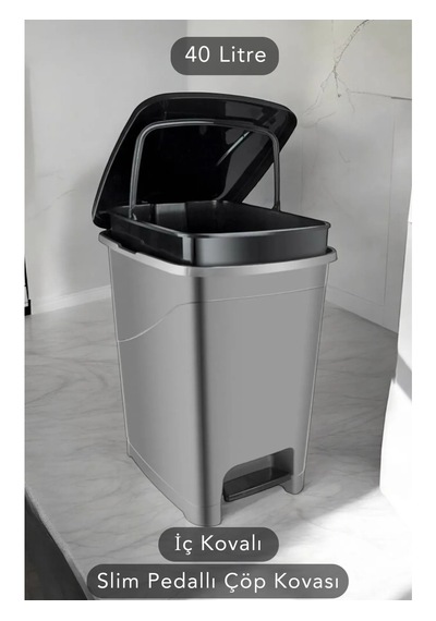 Iç Kovalı Slim Pedallı Banyo Mutfak Çöp Kovası - 40 Litre - Antrasit Antrasit - Gri